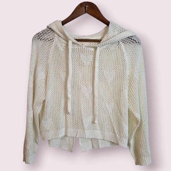 Pol Womens Heart Pull Over Split Back Knit Hoodie Cropped Hoodie White Small Top - Picture 3 of 13